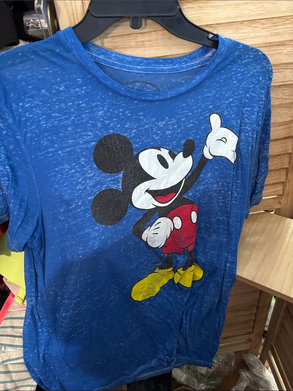 Disney Blue Mickey Mouse Burnout Graphic Tee with Red and Yellow Accents Medium